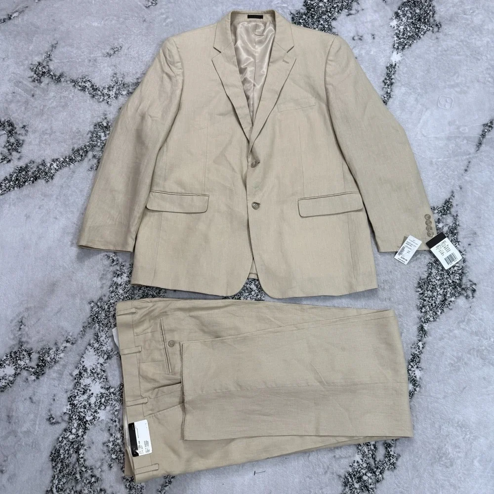 Andrew Fezza Canaan Mens Size 46R 40W 100% Linen 2 Piece Suit Beige Tan NWT